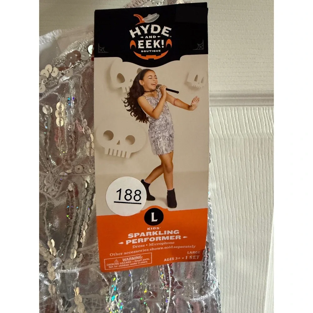 Hyde and EEK Kids Sparkling Performer Costume Silver Sequin Dress Microphone lat